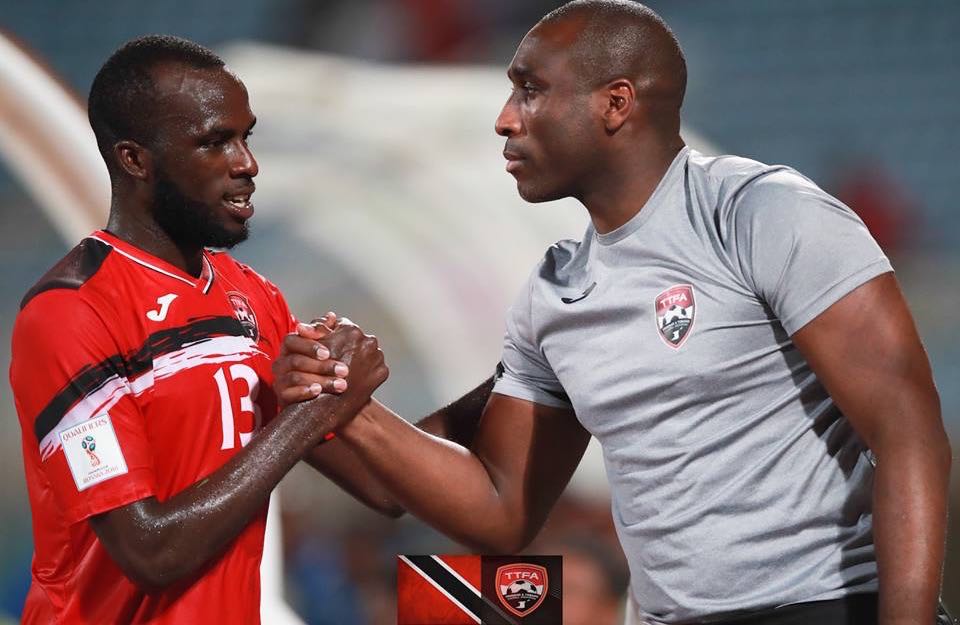 Jamille Boatswain is congratulated by assistant coach, Sol Campbell after being substituted during the international Friendly between Trinidad & Tobago and Barbados at the Ato Boldon Stadium, Couva. Photo: Allan V. Crane/CA-images