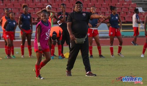 Photo: Trinidad and Tobago Women’s National Under-20 coach Jamaal Shabazz (right) instructs attacker Aaliyah Prince during practice at the Hasely Crawford Stadium on 9 January 2018. ...(Courtesy Sean Morrison/Wired868)