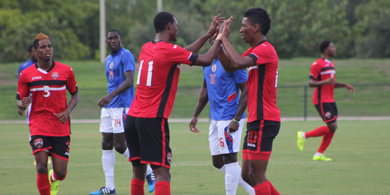 Trinidad & Tobago (pictured) celebrates after scoring against Haiti in a closed-door training match on July 3, 2015, in Fort Lauderdale, Florida. (Photo courtesy of the Trinidad & Tobago Football Association)