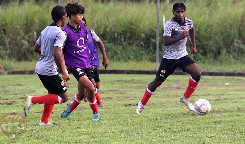 T&T Under-17 men’s football team during a recent practice session at the Ato Boldon Stadium in Balmain, Couva.