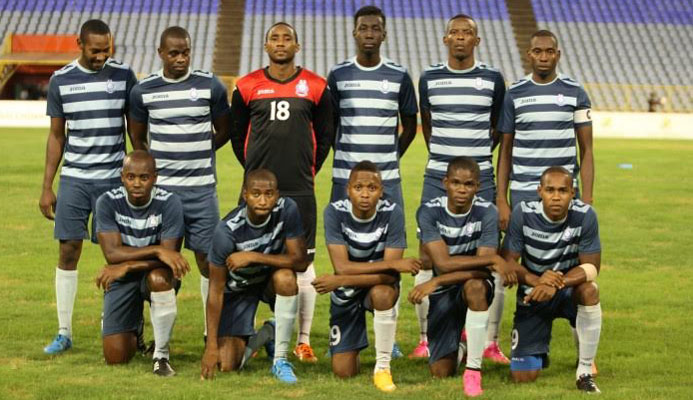 Makesi Lewis (bottom row, second from left) and his Police FC teammates ahead of their First Citizens Cup quarter-final clash with Central FC on Oct. 18, 2015.
