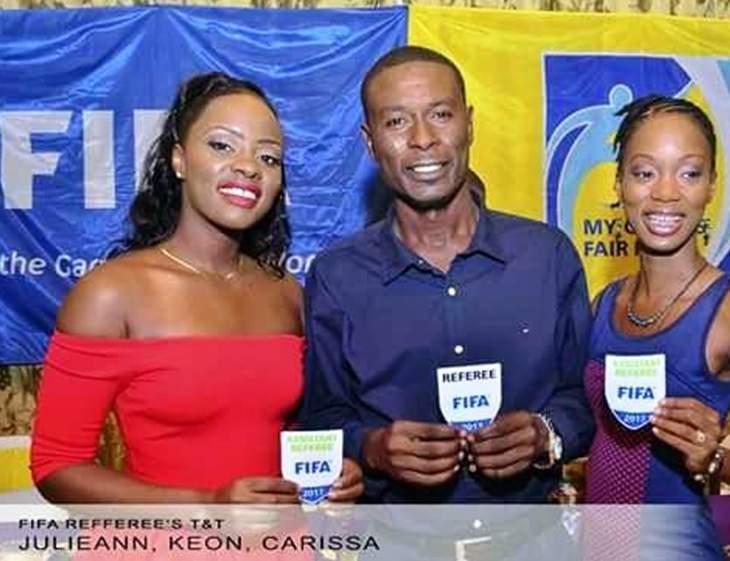 REWARD FOR HARD WORK: Tobago referees, left to right, Julieann Mc Dougall, Tobago Referee of the Year Keon Yorke and Evelyn Carissa Douglas Jacob proudly display their FIFA badges.