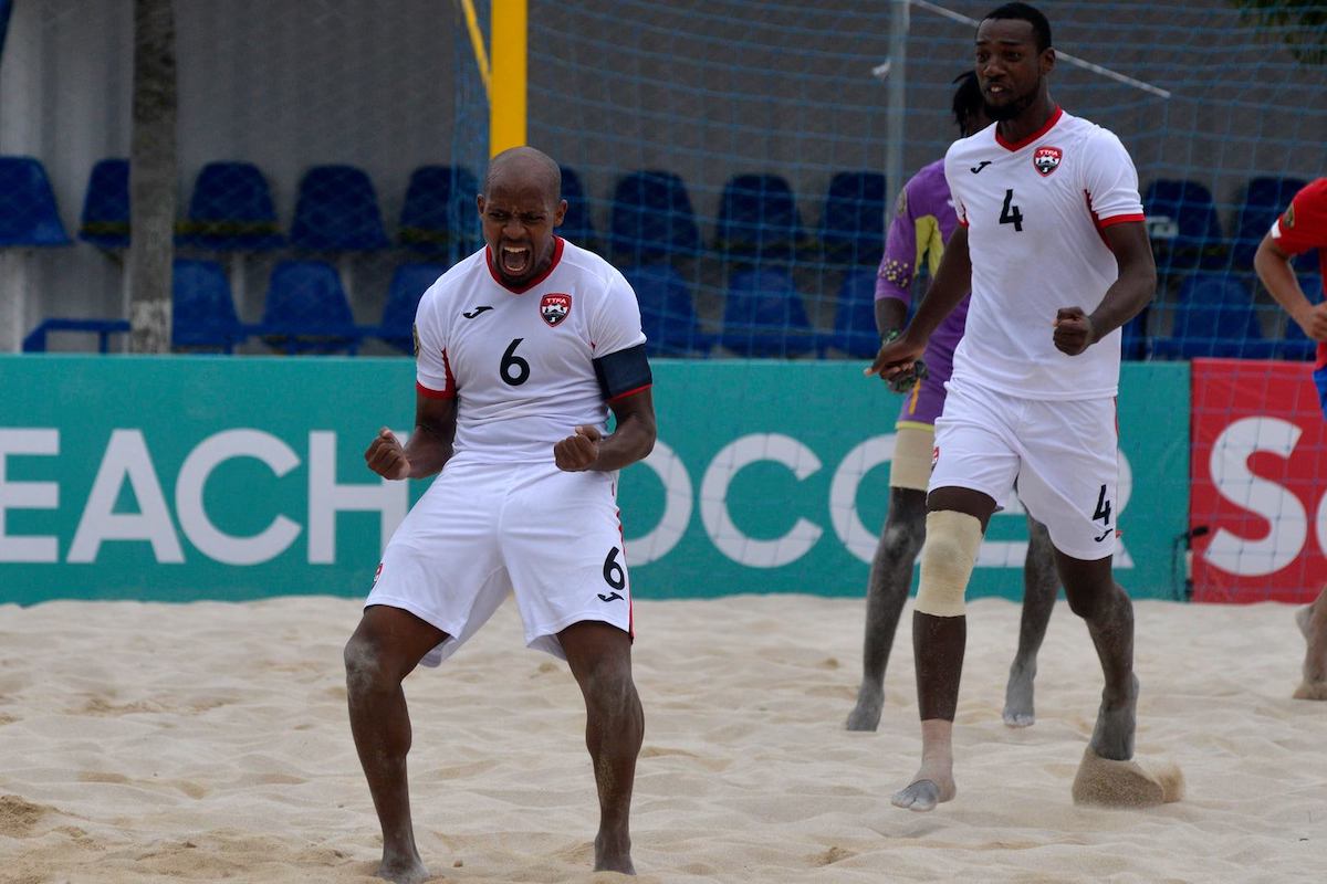 Trinidad and Tobago Beach Soccer Captain Ryan Augustine (#6) celebrates a goal during a match against Costa Rica at the 2021 Concacaf Beach Soccer Championship in Alajuela, Costa Rica on May 17th 2021.