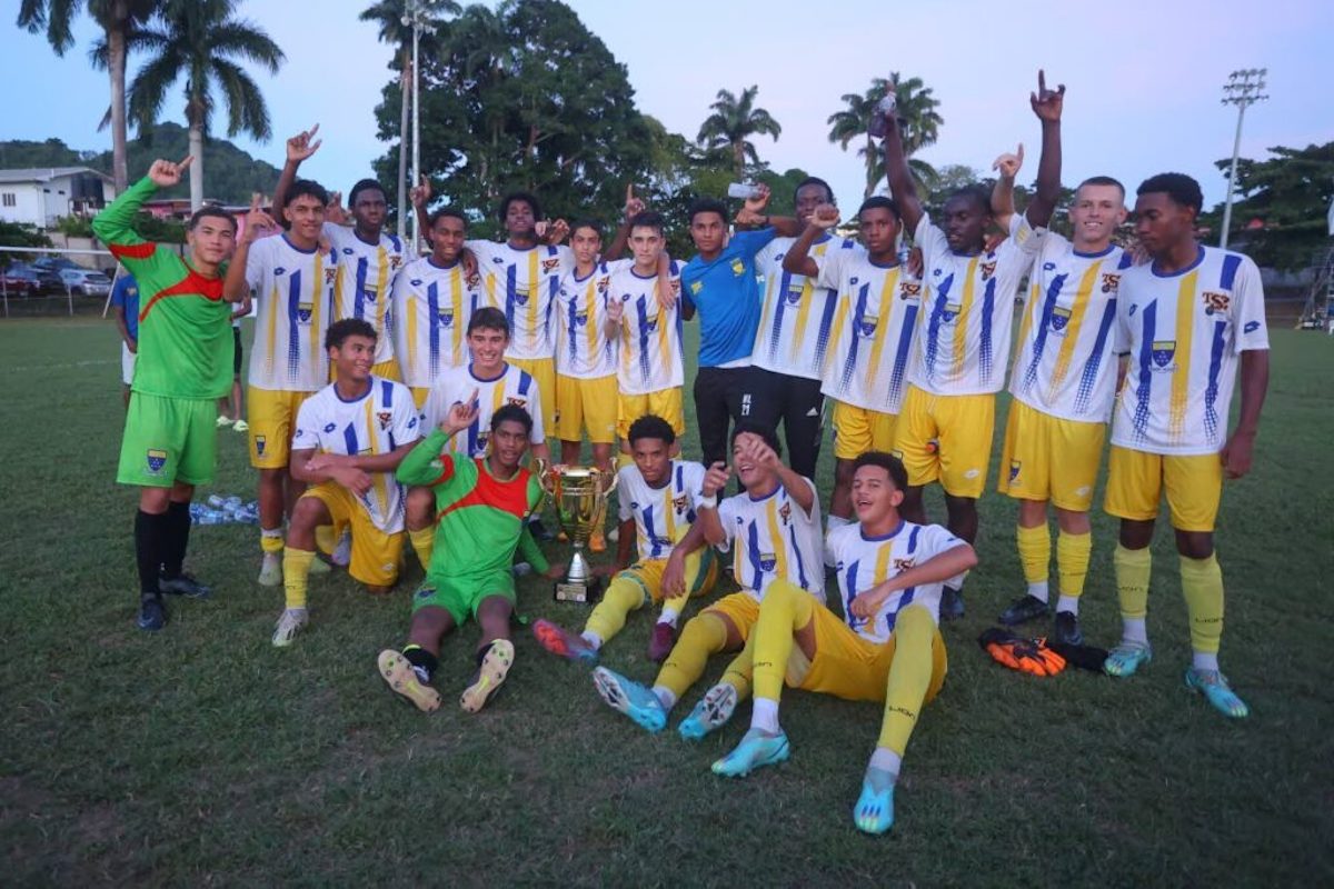 Fatima College players celebrate their 2023 SSFL Premiership title after defeating Naparima College 2-1 during the SSFL Premiership match, at Naparima Grounds, Lewis Street, San Fernando, on Saturday, October 28th 2023. PHOTO BY: Daniel Prentice