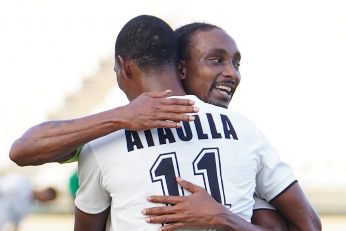 La Horquetta Rangers' Ataulla Guerra is congratulated by teammate Tyrone Charles after scoring a goal against San Juan Jabloteh at Larry Gomes Stadium, Arima on Wednesday, April 19th 2023.