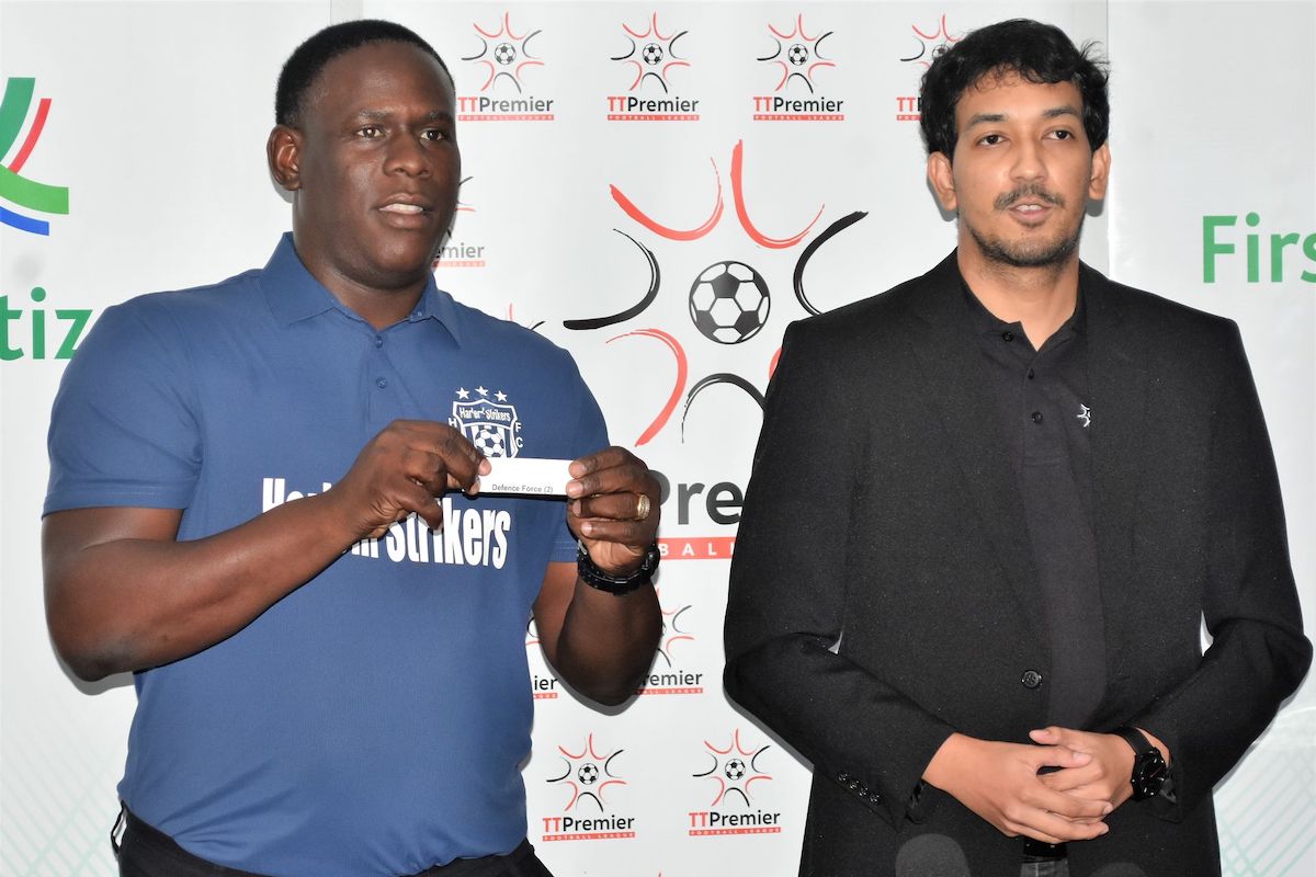 Amiel Mohammed, the general secretary of T&T Football Association, (TTFA), right, and Harlem Strikers coach former Defence Force striker Devorn Jorsling conducted the draw for the tournament at the VIP Box at the Hasely Crawford Studium in Mucurapo on Tuesday, April 9th 2024. PHOTO BY: Kerwin Pierre