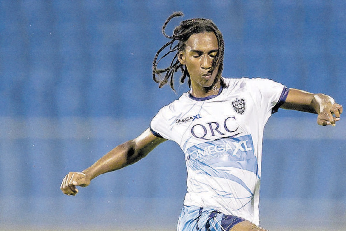 QRC's Tau Lamsee in action against Fatima College during an SSFL North Zone Intercol semifinal at Hasely Crawford Stadium, Port of Spain on Thursday, November 16th 2023. PHOTO BY: Daniel Prentice