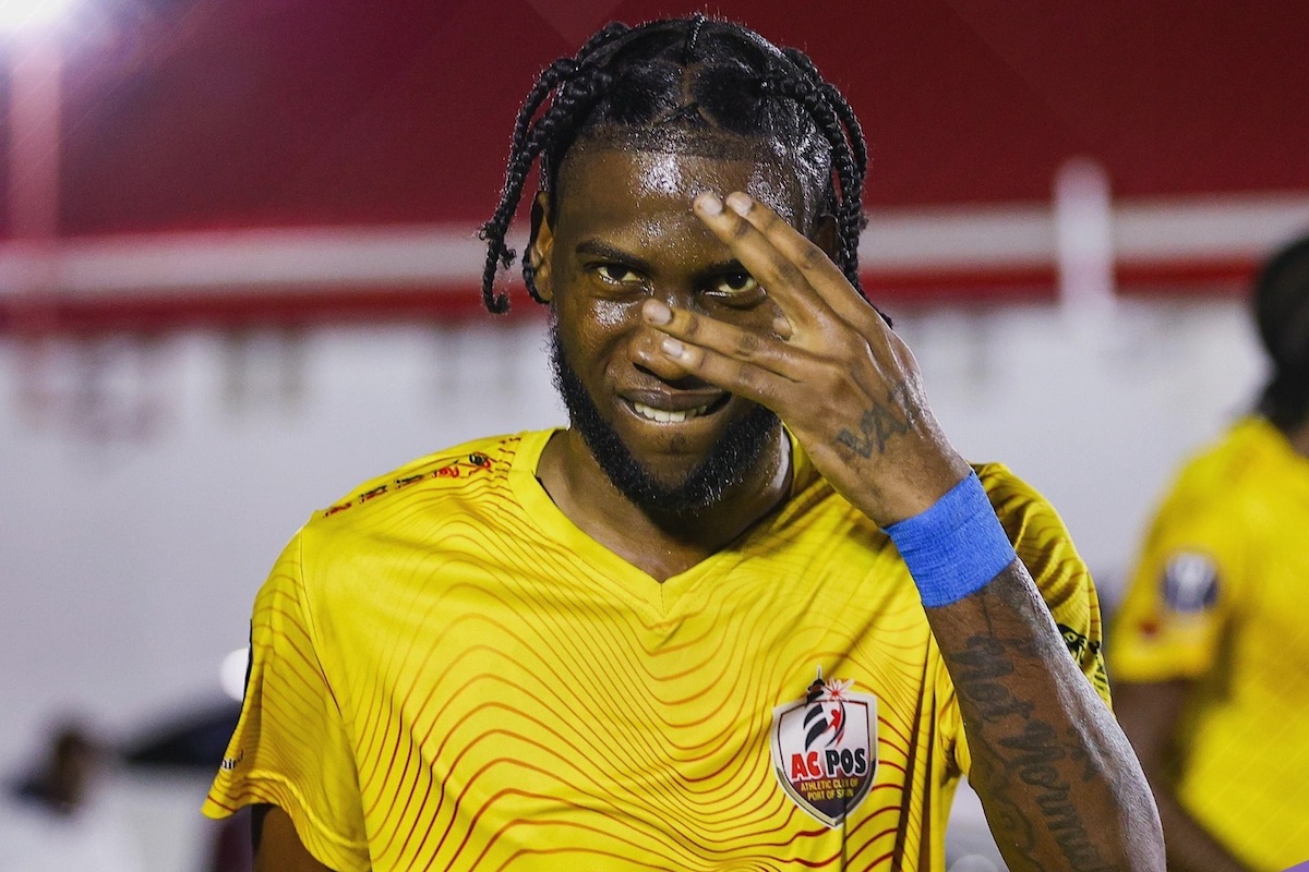 AC Port of Spain's Sedale McLean celebrates after scoring a brace in a 3-1 win over La Horquetta Rangers at La Horquetta Recreation Ground on Wednesday, March 6th 2024.