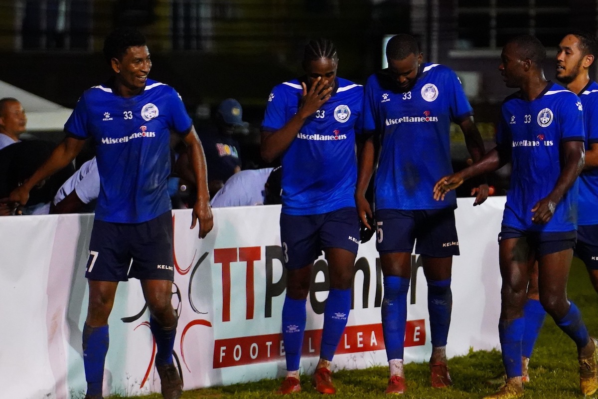 L-R: Willis Plaza, Joevin Jones, Kwesi Allen, Keron Cummings, and Gabriel Nanton celebrate after Police FC scores a goal during an encounter against Prison Service FC at the Police Barracks, St. James on Sunday, December 17th 2023.