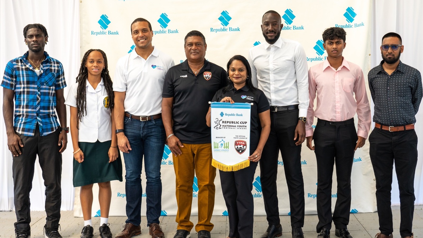 TTFA Technical Director Anton Corneal (fourth from left), along with Republic Bank officials and players at the launch of the 2024 Republic Cup season on Monday, January 22nd 2024.