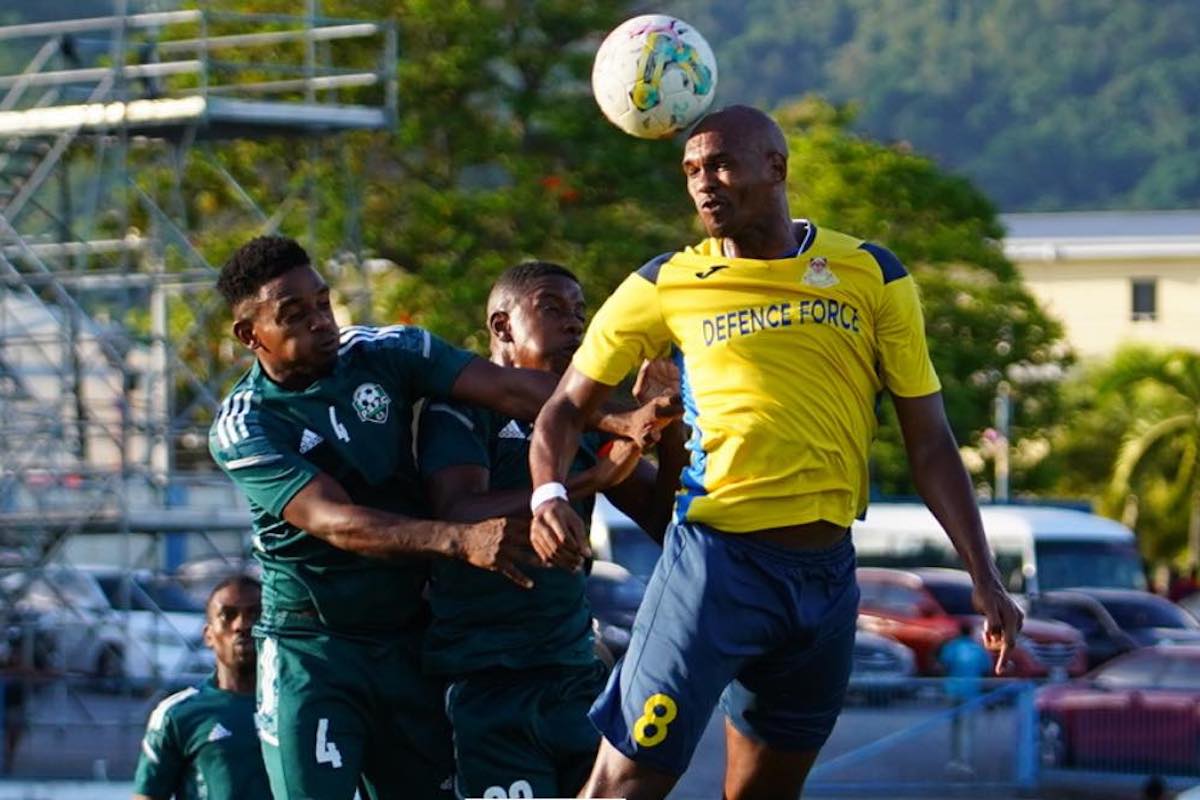 Defence Force striker Brent Sam heads the ball during a TTPFL knockout match against Prisons FC at the Arima Velodrome on Saturday, July 1st 2023.