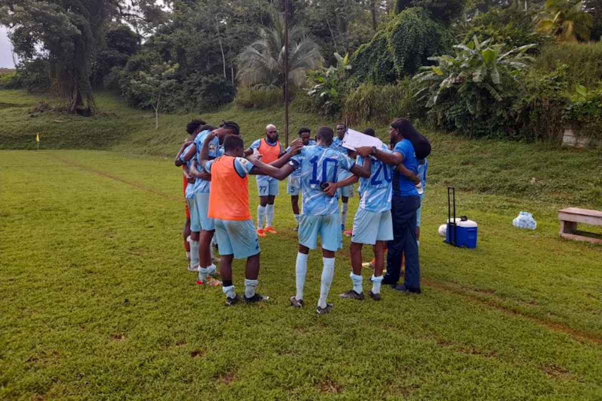 Samba Boys assistant coach Anthony Quashie speaks to his team after their 3-2 win over Moruga FC at Grand Chemin Recreation Ground in the Southern Football Association on Saturday, August 19th 2023. (Photo credit - Vidia S. Ramphal)