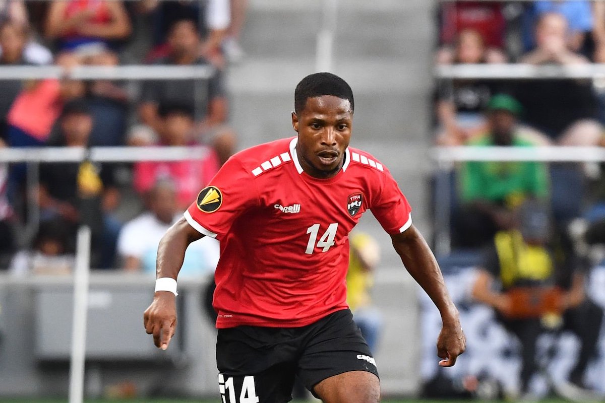 Shannon Gomez #14 of Trinidad & Tobago runs with the ball during a game between Jamaica and Trinidad & Tobago at CITYPARK on June 28, 2023 in St. Louis, Missouri.(Photo by Bill Barrett/USSF/Getty Images for USSF)