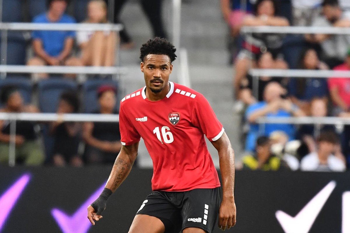 Alvin Jones #16 of Trinidad & Tobago with the ball during a game between Jamaica and Trinidad & Tobago at CITYPARK on June 28, 2023 in St. Louis, Missouri.(Photo by Bill Barrett/USSF/Getty Images for USSF)
