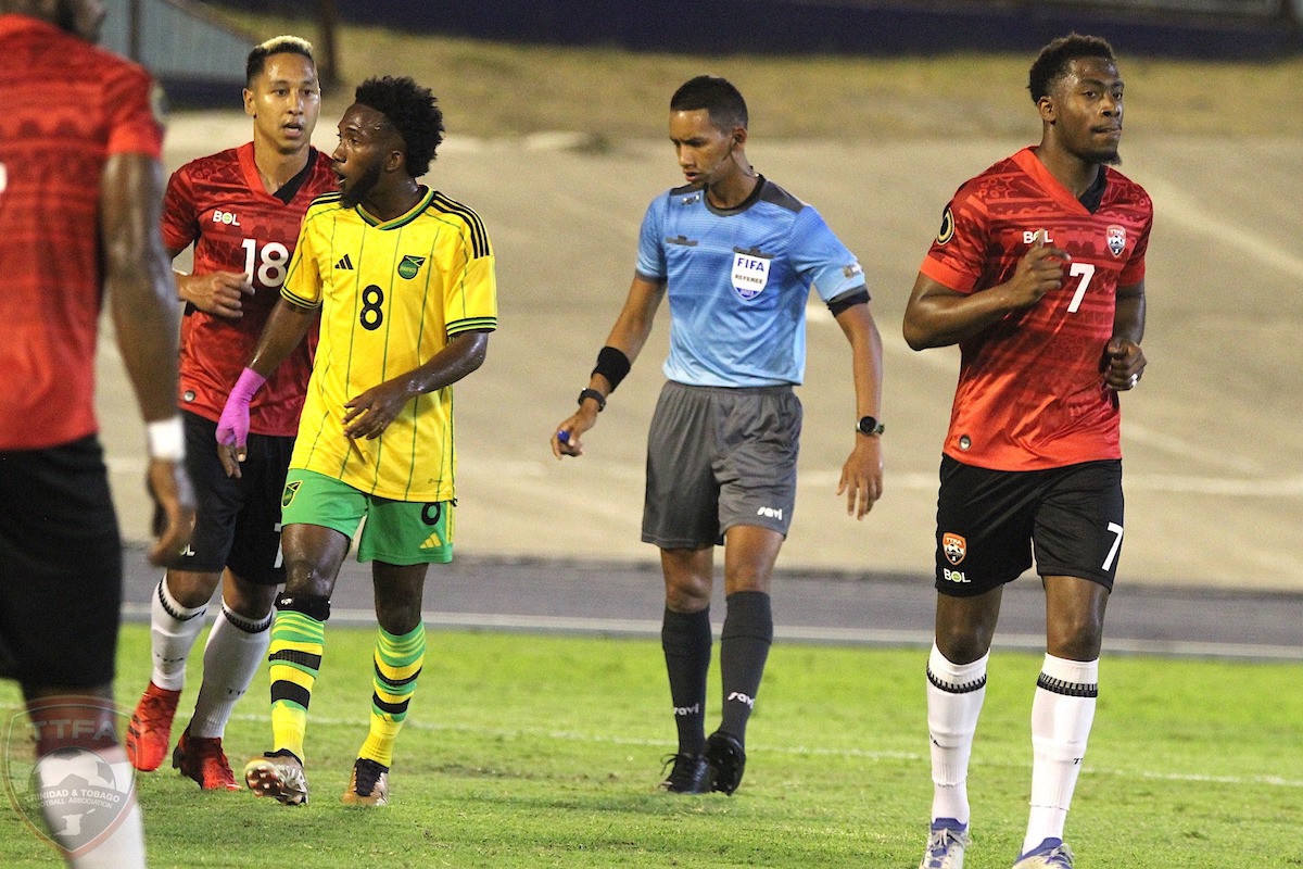 Trinidad and Tobago's Noah Powder (#7) in action during an International Friendly against Jamaica at the National Stadium, Kingston, Jamaica on March 14th 2023.