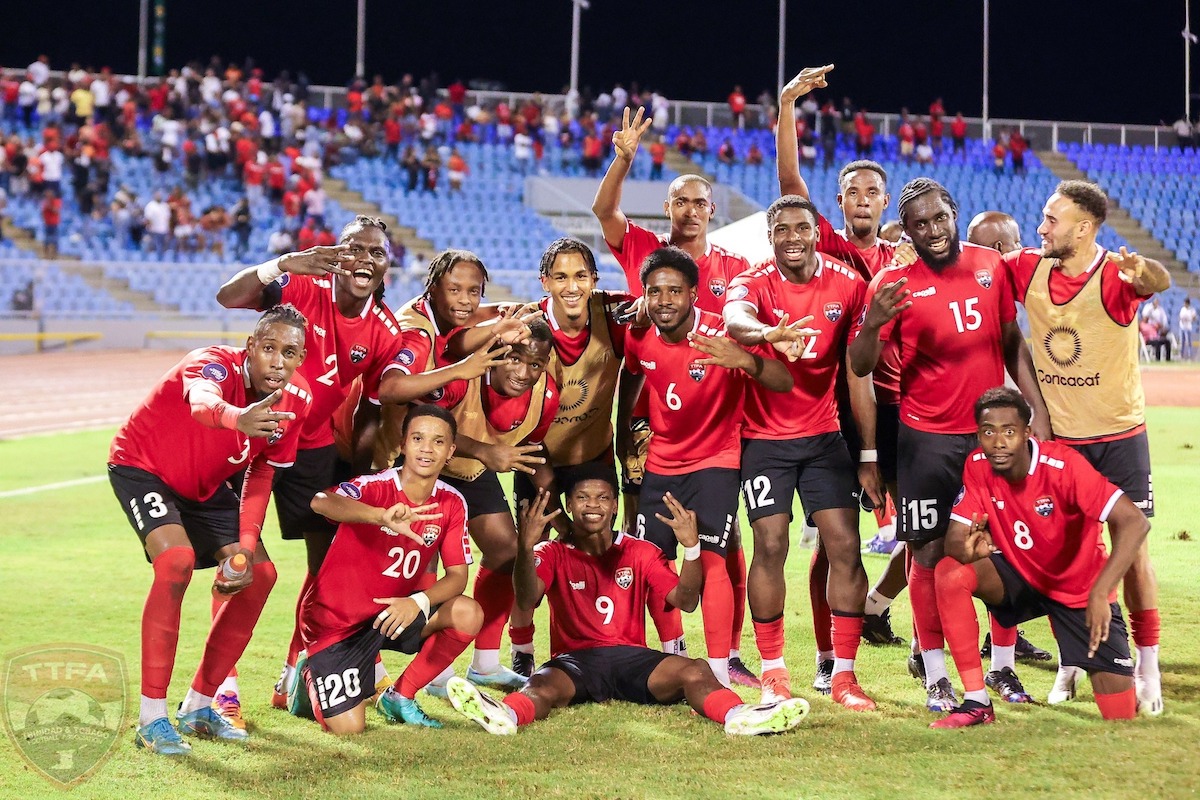 Trinidad and Tobago celebrate after a 3-2 come-from-behind win over Guatemala at the Hasely Crawford Stadium on Friday, October 13th 2023.
