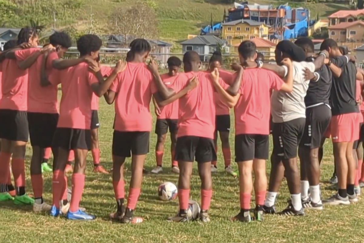 Players huddle during a T&T Men's U-17 training session at the Manny Ramjohn Stadium, Marcella on Monday April 29th 2024.
