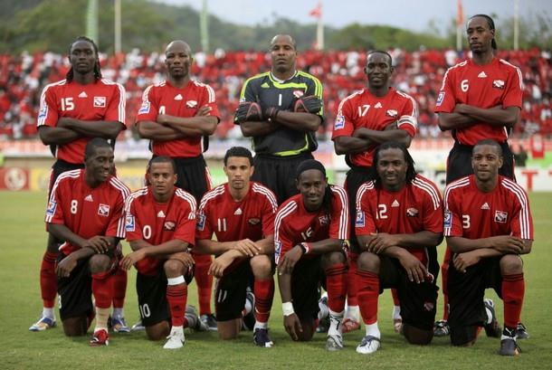 T&T Team line up before the Costa Rica game at the Dwight Yorke Stadium.