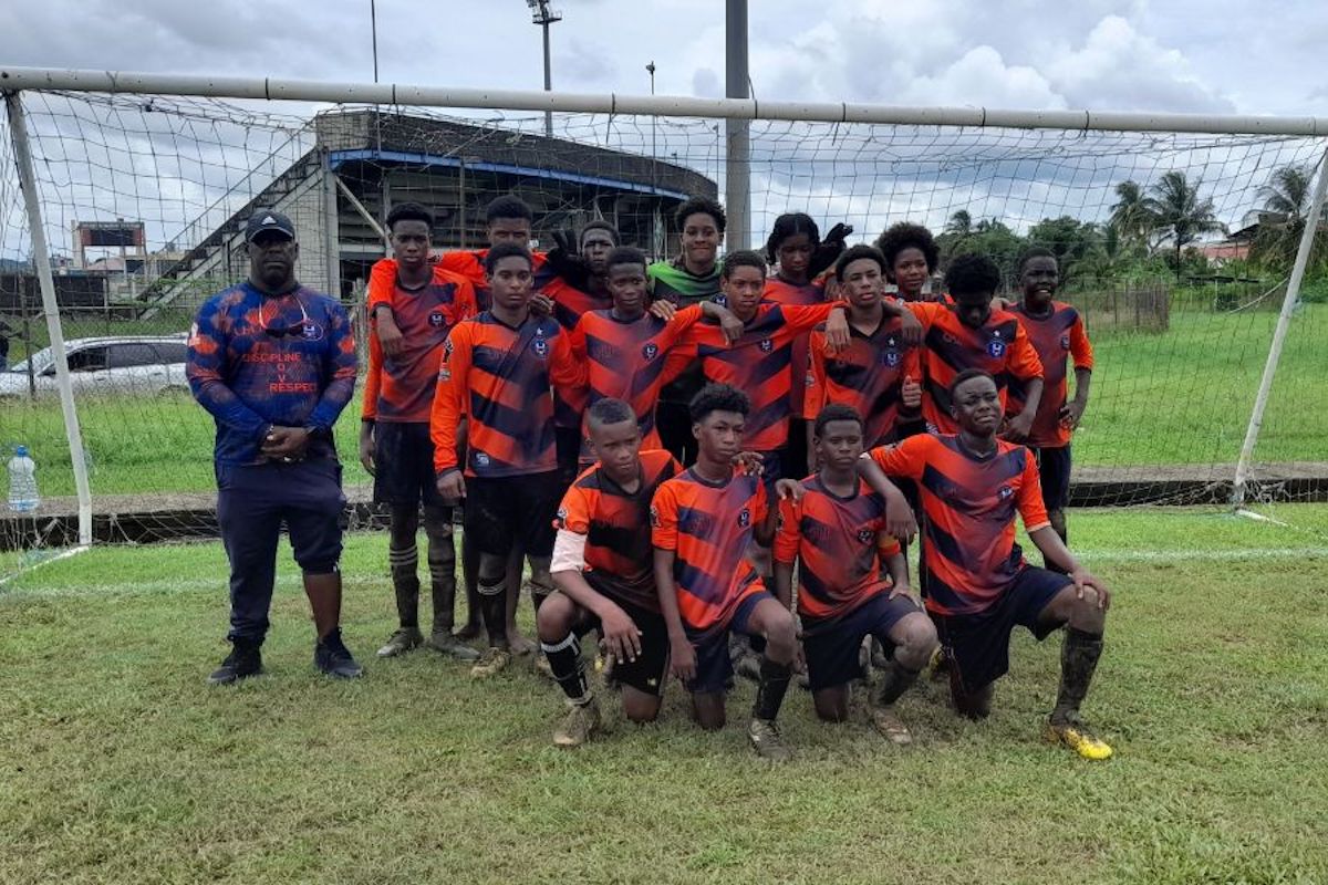 Union Hall won the Southern Football Association U15 title on Saturday, August 19th 2023 at Mannie Ramjohn Stadium training field in Marabella. Head coach Dexter Cyrus is at the left. (Photo credit - Vidia S. Ramphal)