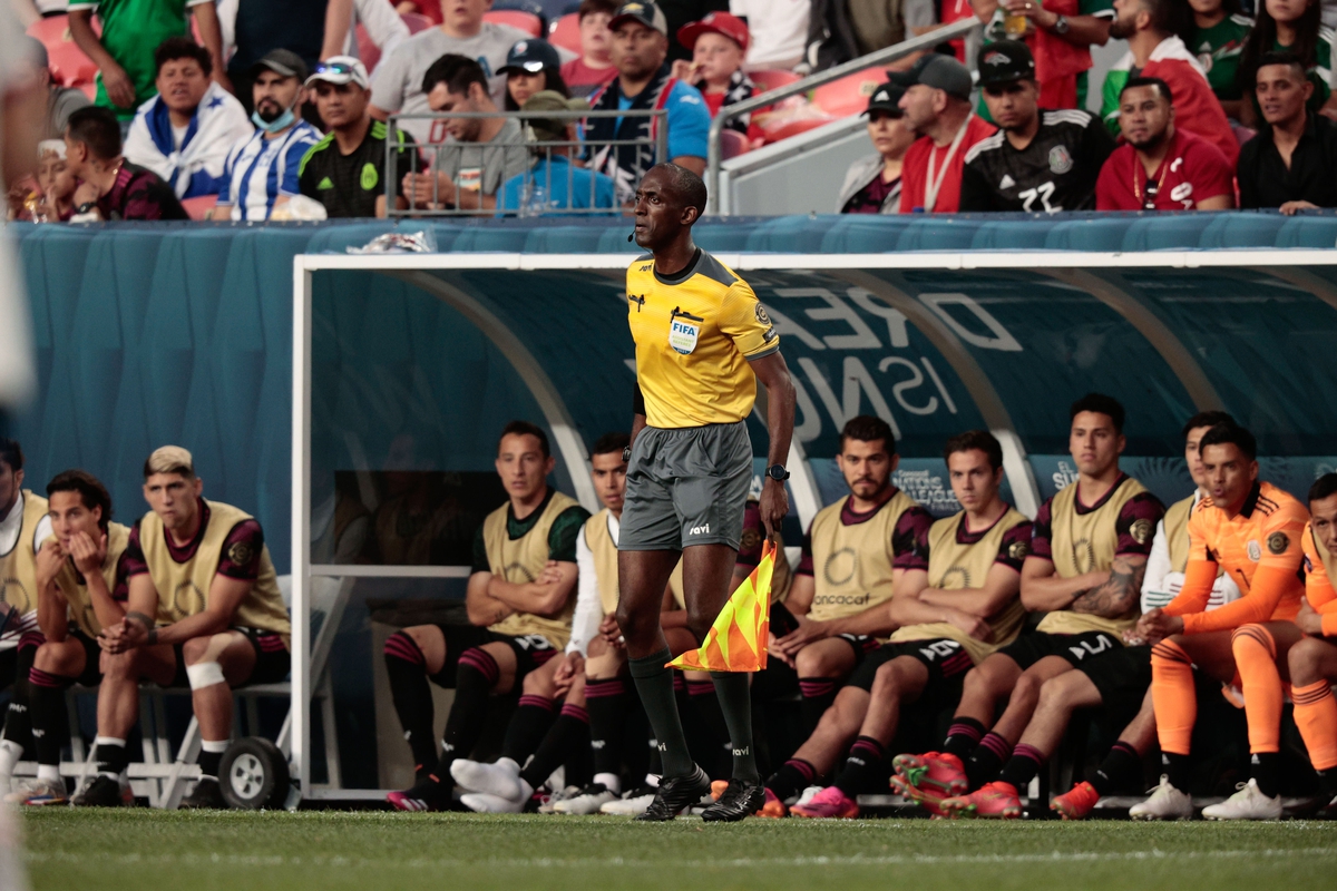 Jun 6, 2021; Denver, Colorado, USA; Assistant referee Caleb Wales in the first half between the United States and Mexico during the 2021 CONCACAF Nations League Finals soccer series final match at Empower Field at Mile High. Mandatory Credit: Isaiah J. Downing-USA TODAY Sports