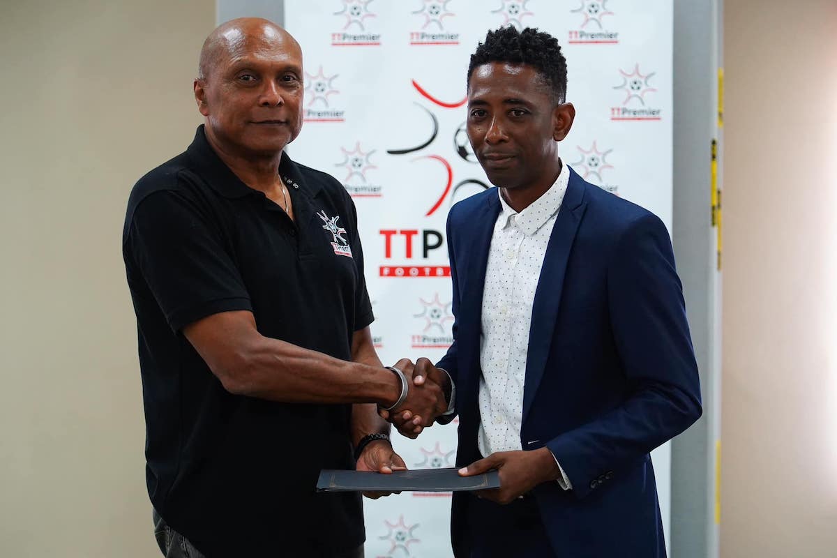 TTPFL CEO Colin Wharfe (left) and Guaya United manager Jameson Rigues (right) at the launch of the T&T Premier Football League Tier 2 at UTT Campus (Chaguanas) on May 19th 2023.