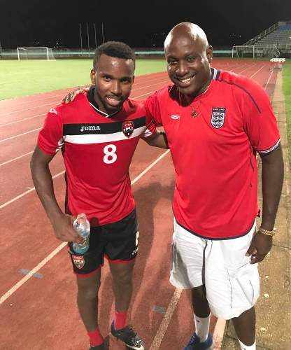 Photo: Dion La Foucade (right) poses with Soca Warriors captain Khaleem Hyland. La Foucade was appointed as TTFA technical director on 15 January 2020.