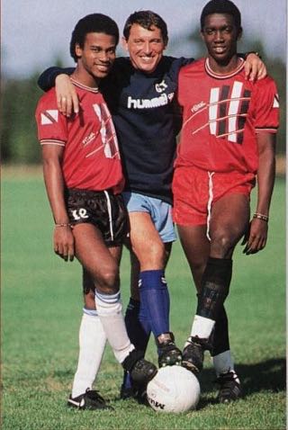 Photo: A teenaged Dwight Yorke (right) poses with national teammate Colvin Hutchinson and late Aston Villa manager Graham Taylor.
