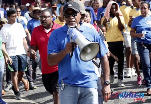Photo: TTSL president and FC Santa Rosa owner Keith Look Loy leads a march for peace in Arima on 17 March 2018. Look Loy is the current TTFA technical committee chairman. (Copyright Annalicia Caruth/Wired868)