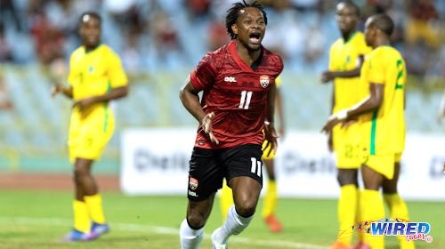 Photo: Trinidad and Tobago forward Levi Garcia celebrates a last-gasp equaliser against Guyana during an exhibition match at the Hasely Crawford Stadium on 29 March 2022. (Copyright Daniel Prentice/ Wired868)