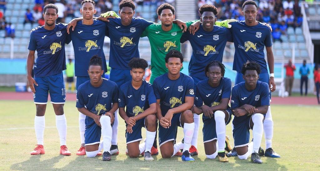 THE CONTROVERSIAL UNIFORM! Naparima College's starting lineup ahead of SSFL Digicel Cup between Naparima College and Presentation College at the Manny Ramjohn Stadium, Marabella on Saturday. naps won 5-4 on penalties after the game ended 1-1 in regulation time.  CA-images