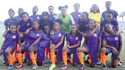 Pleasantville Secondary School girls’ football team pose after beating Penal Secondary 3-0 at the InterCol South Zone Final at the Manny Ramjohn Stadium, Marabella.