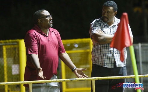 Photo: Morvant Caledonia United coach Jamaal Shabazz (left) and TTFA president and W Connection owner David John-Williams chat during a Pro League contest at the Hasely Crawford Stadium training ground on 20 January 2017. (Courtesy Sean Morrison/Wired868)