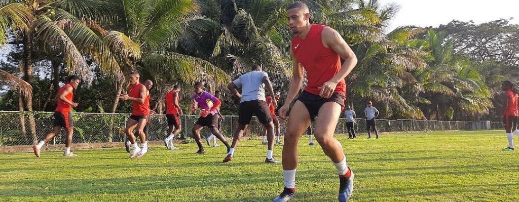 Members of the T&T football team during a training session in Santo Domingo, Dominican Republic on Friday, T&T striker Ryan Telfer (closest on the photo) going through his strides. PHOTO COURTESY TTFA MEDIA.