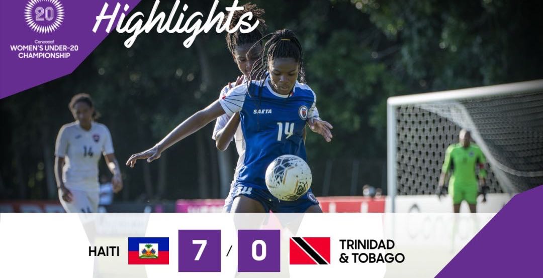 Photo: Trinidad and Tobago players Ranae Ward (left) and Shadi Cecily Stoute (right) double-team Haiti midfielder Dougenie Joseph during CONCACAF Women’s Under-20 Championship action at the Ato Boldon Stadium in Couva on 18 January 2018. Haiti won 3-2. (Courtesy Sean Morrison/Wired868)