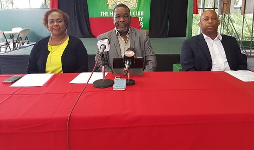 Members of the United TTFA from left, Susan Joseph-Warrick, William Wallace and Clynt Taylor at yesterday’s press conference at the Harvard Sports and Cultural Club in Port-of-Spain.