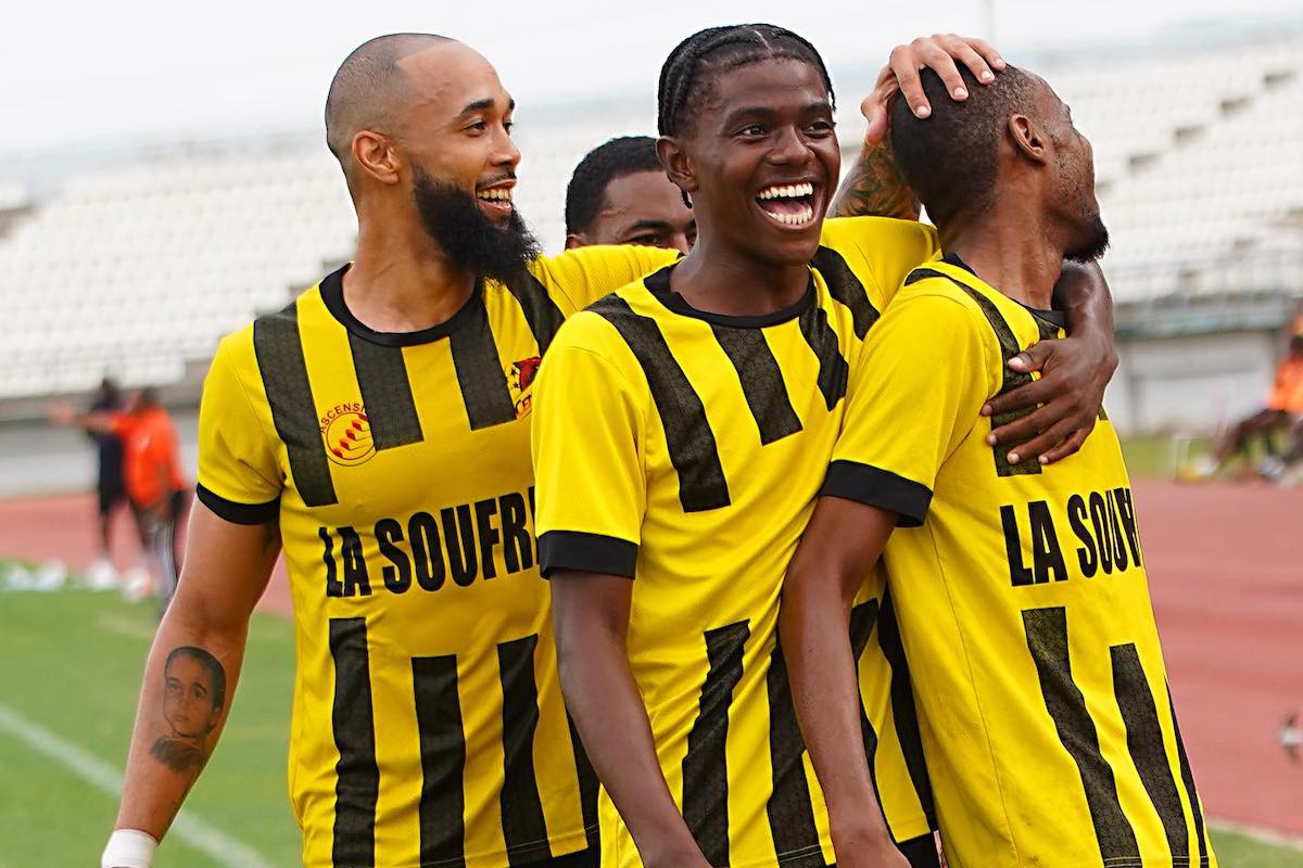 Central FC players congratulate Salem Henry after he scored a hat-trick against Club Sando at the Larry Gomes Stadium, Arima on April 20th 2024.