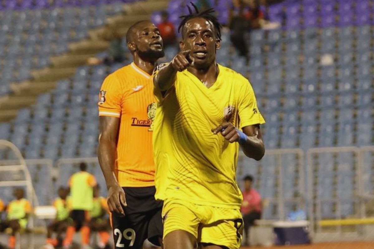 AC Port of Spain's Kadeem Corbin celebrates after scoring the game-winner against Club Sando at Hasely Crawford Stadium on Friday, August 25th 2024.