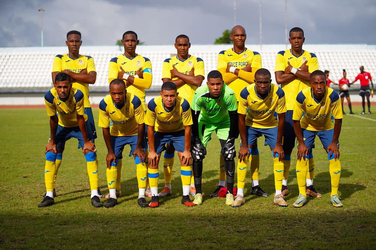 Defense Force's starting XI pose for a team photo before facing Police FC in a T&T Premier League match at Larry Gomes Stadium, Arima on June 4th 2023.