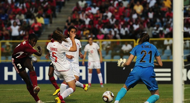 PORT OF SPAIN, TRINIDAD AND TOBAGO - SEPTEMBER 05: Diarra Simmons of Trinidad and Tobago scores the opening goal during the FIFA U17 Women's World Cup match between Trinidad and Tobago and Chile at the Hasely Crawford Stadium on September 5, 2010 in Port of Spain, Trinidad And Tobago. (Photo by Laurence Griffiths - FIFA/FIFA via Getty Images)