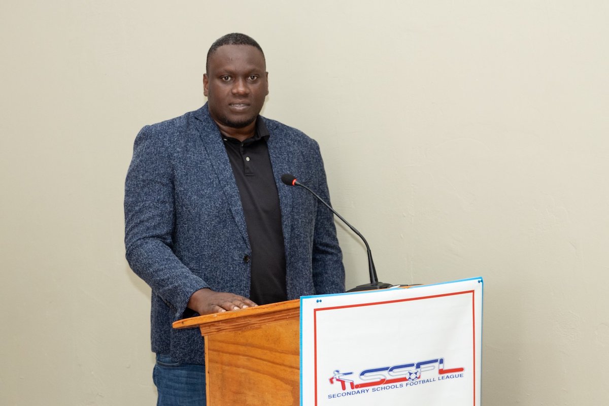 Keiron Edwards, president of the Eastern Football Association, give his remarks during the Media Launch of the Secondary School Football League at the Ato Boldon Stadium on September 7, 2022 in Couva. (Photo by Daniel Prentice)