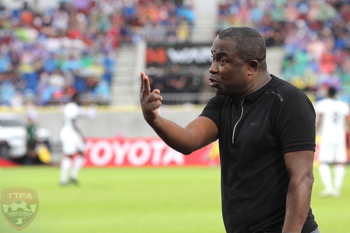 Trinidad and Tobago Head Coach Angus Eve shouts instructions during a Kin's Cup match against Thailand at the 700th Anniversary Stadium, Chiang Mai, Thailand on September 25th 2022.
