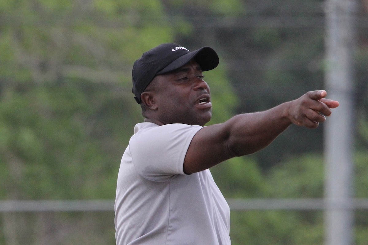 Trinidad and Tobago Head Coach Angus Eve shouts instructions during a training session on Sunday, May 12th 2024.