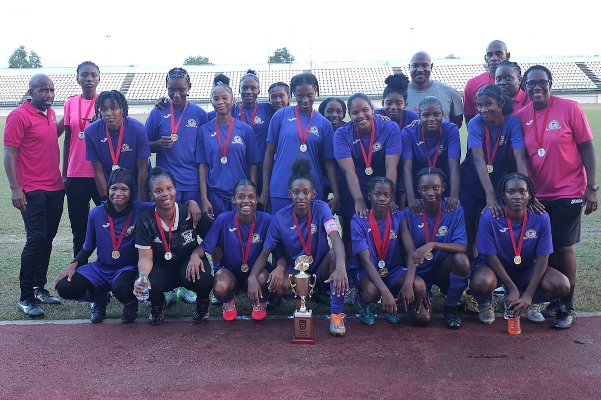 Five Rivers Secondary Girls pose with their East Zone Intercol trophy and winner's medals after defeating San Juan North Secondary at the Larry Gomes Stadium, Arima on Sunday, November 26th 2023.