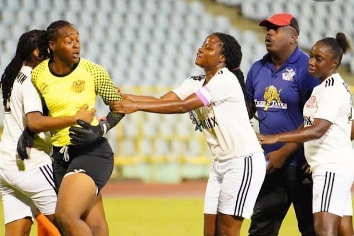 La Horquetta Rangers goalkeeper Kimika Forbes being restrained by teammates during an ill-tempered match against Club Sando on Saturday, September 10th 2022.