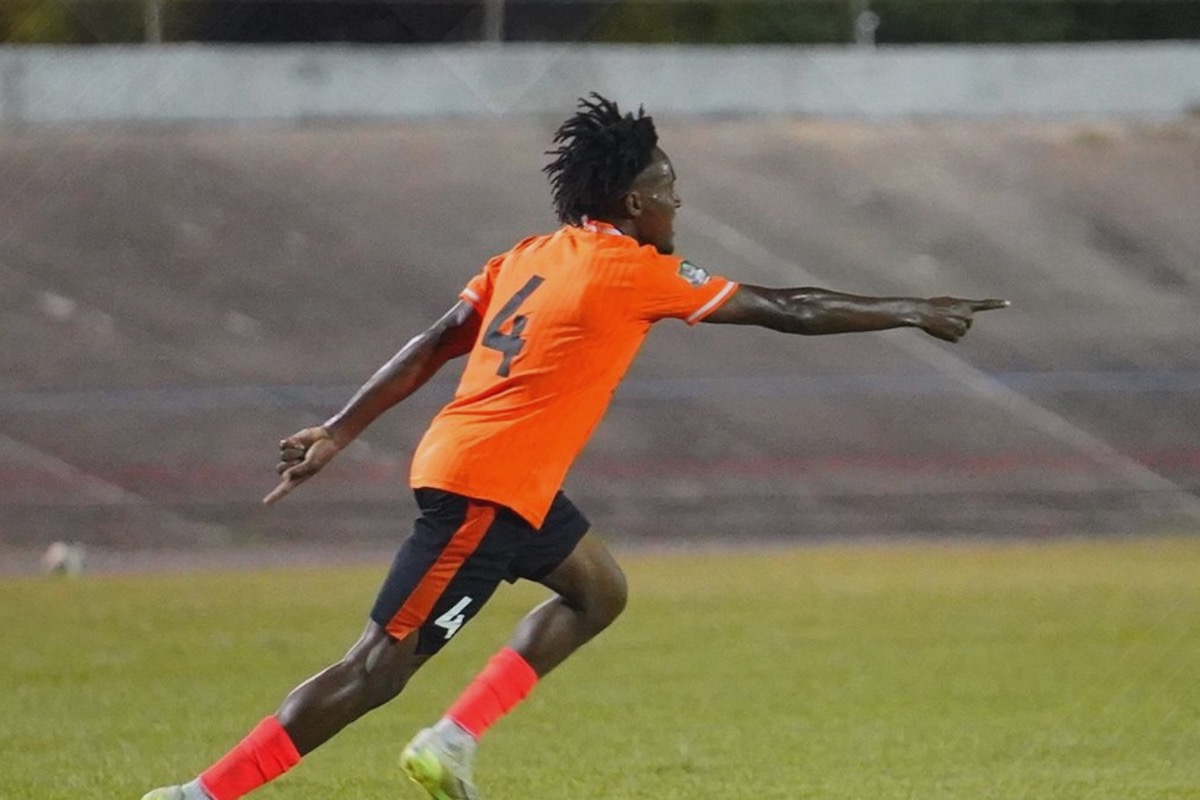 Club Sando's Shervohnez Hamilton celebrates after scoring the opening goal in a 3-0 win over Prison Service FC at the Arima Velodrome on Wednesday, January 3rd 2024.