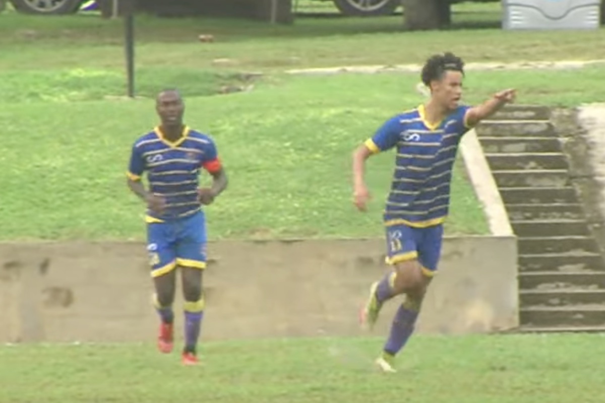 Real West Fort's Gary Griffith III (right) celebrates after scoring his first goal against Moruga FC at the St. James Barracks on July 10th 2022.