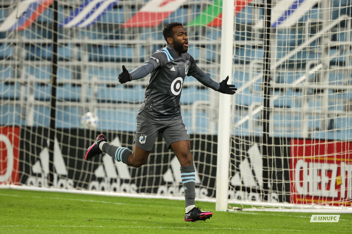 Minnesota United midfielder Kevin Molino celebrates his first-half goal in the MLS Cup Playoffs first-round game against the Colorado Rapids at Allianz Field on Sunday, Nov. 22, 2020. (Courtesy of Minnesota United)