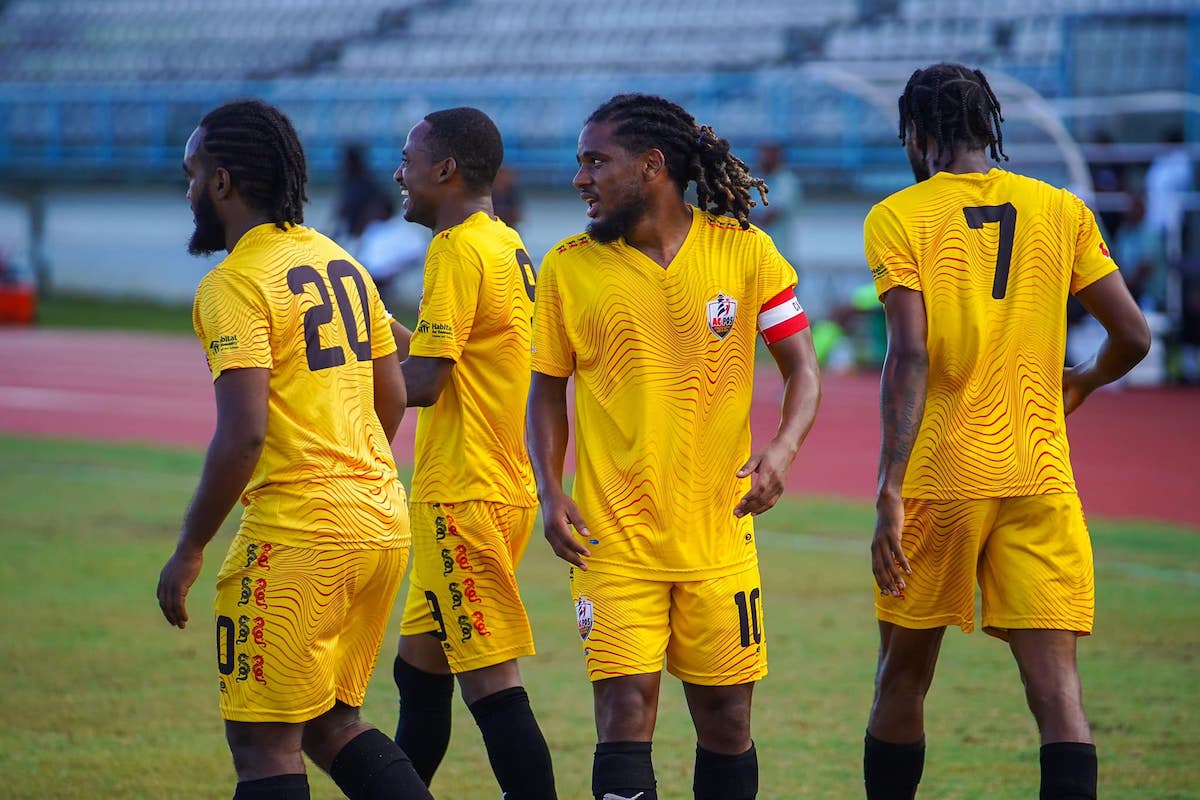 AC Port of Spain celebrate scoring a goal during their 6-0 hammering of Prisons FC on Saturday, June 17th 2023.