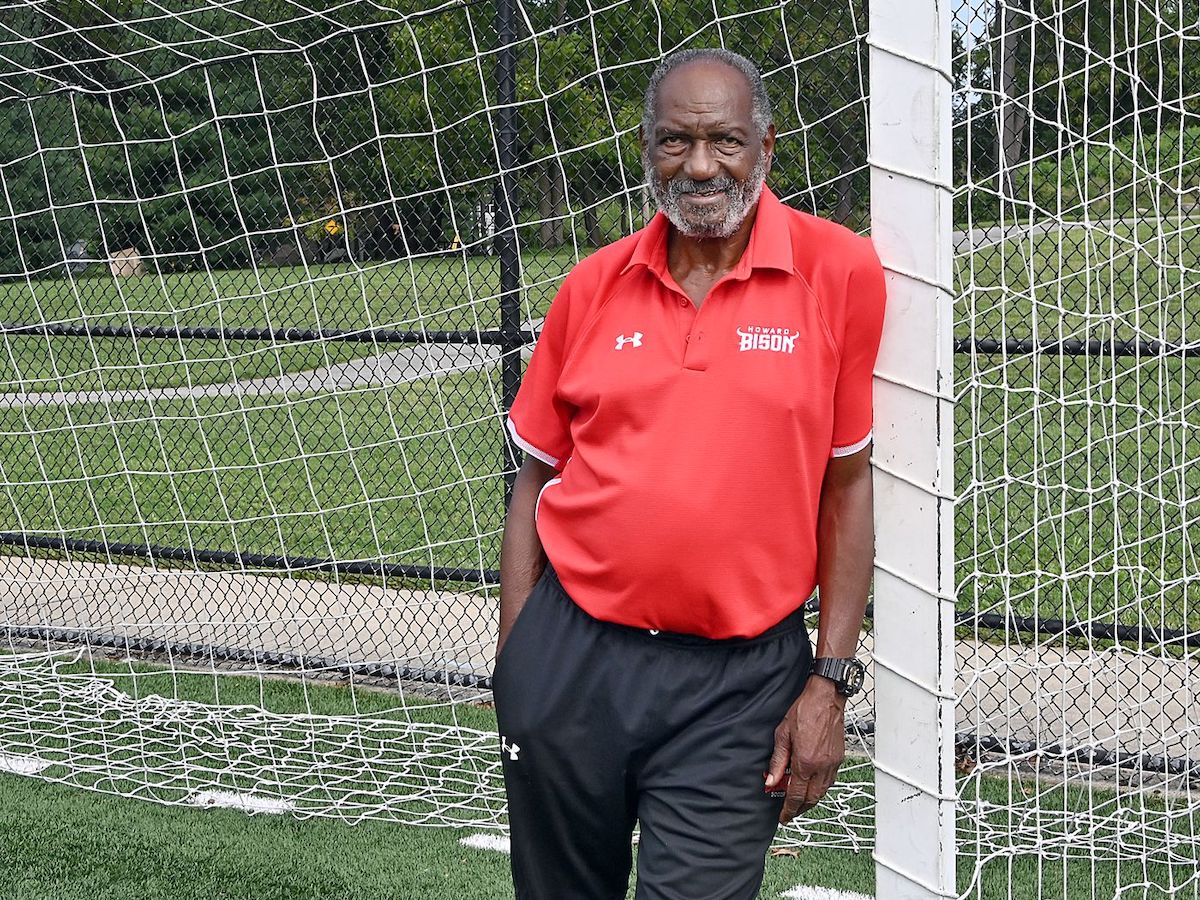 Lincoln Phillips, 80, teaching on the soccer field at Cedar Lane Park in Columbia. Phillips is a former soccer coach at Howard University who led the men's team to win its first NCAA Division I Championship in 1971. He lives in Columbia and is the founder of Lincoln Phillips Soccer School / Lincoln Phillips Goal Keeping Academy, a summer camp that teaches soccer to kids ages 6-17. (Jeffrey F. Bill/Baltimore Sun Media)