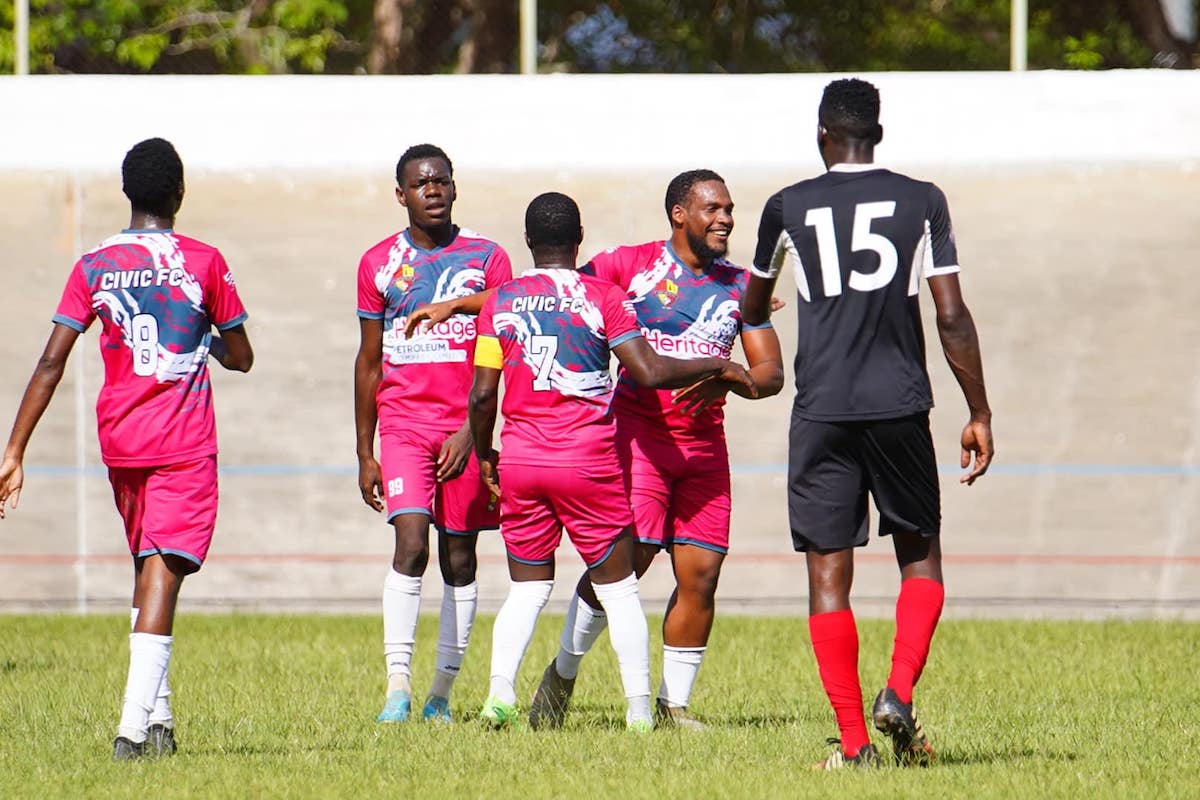 Point Fortin Civic FC's Ackeel Jacob (second from right) celebrates with his teammates after scoring against FC Phoenix at the Arima Velodrome on Saturday, July 1st 2023.